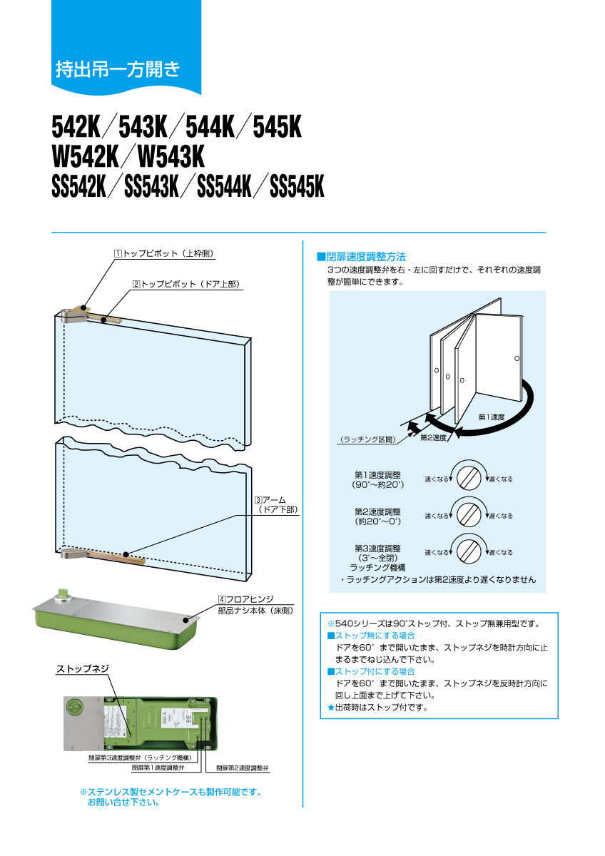 大鳥機工 フロアヒンジ SS543K 【ストップ兼用型, 持出吊り・一方開き(一方180°開き), ステンレス框ドア用, DIA】