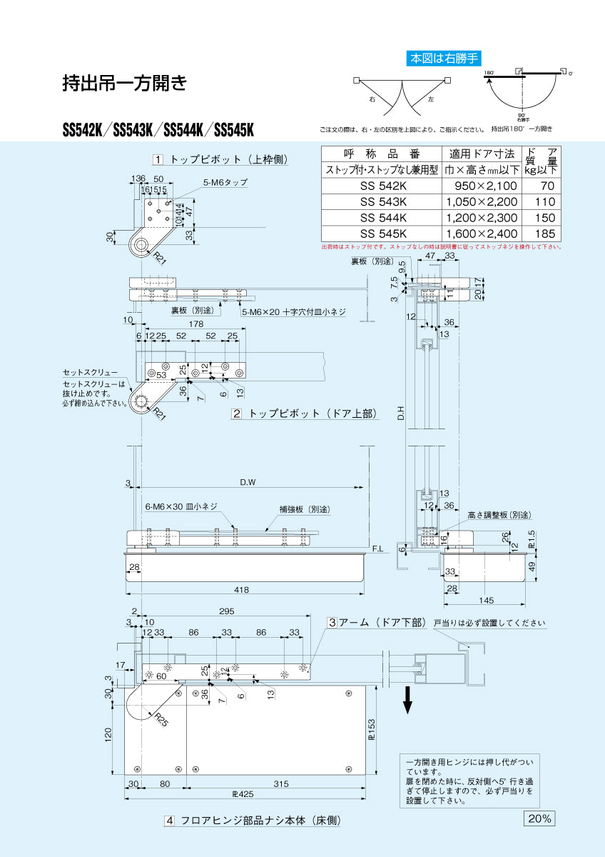 大鳥機工 フロアヒンジ SS543K 【ストップ兼用型, 持出吊り・一方開き(一方180°開き), ステンレス框ドア用, DIA】