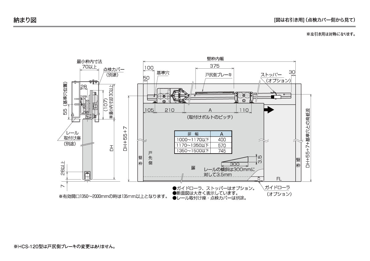 ダイケン スライデックス HCS-120(製品一式) 【L=2800, ストップ付き, 傾斜式, 鋼製扉用, 引き戸クローザー, DAIKEN】
