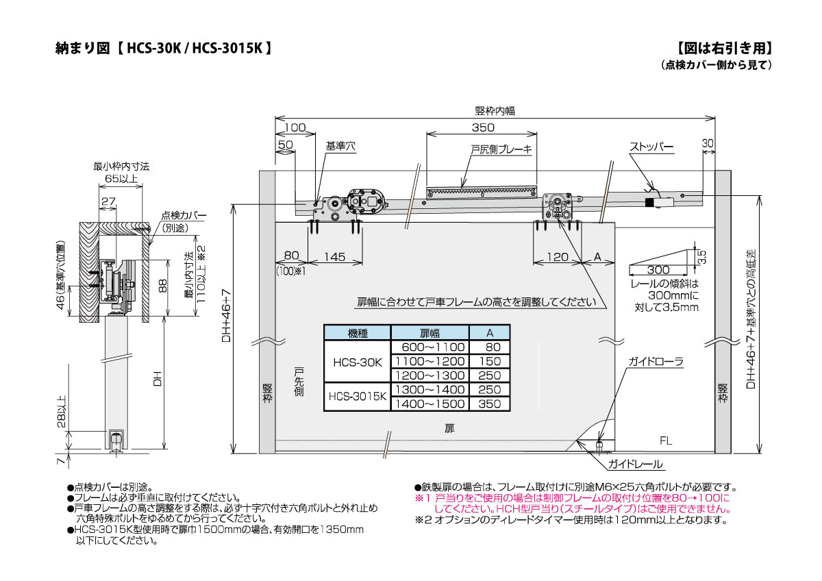 ダイケン スライデックス HCS-3015K(レール L=2800)【ストップ付き, 傾斜式, 木製扉用, 引き戸クローザー製品一式, DAIKEN】
