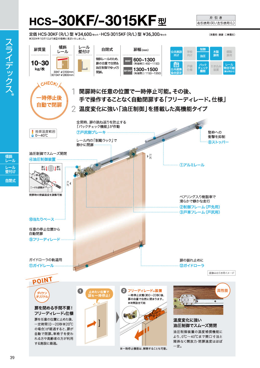 ダイケン スライデックス HCS-30KF(レール L=2200)【フリーディレード装置付き, ストップ付き, 傾斜式, 木製扉用, 引き戸クローザー製品一式, DAIKEN】