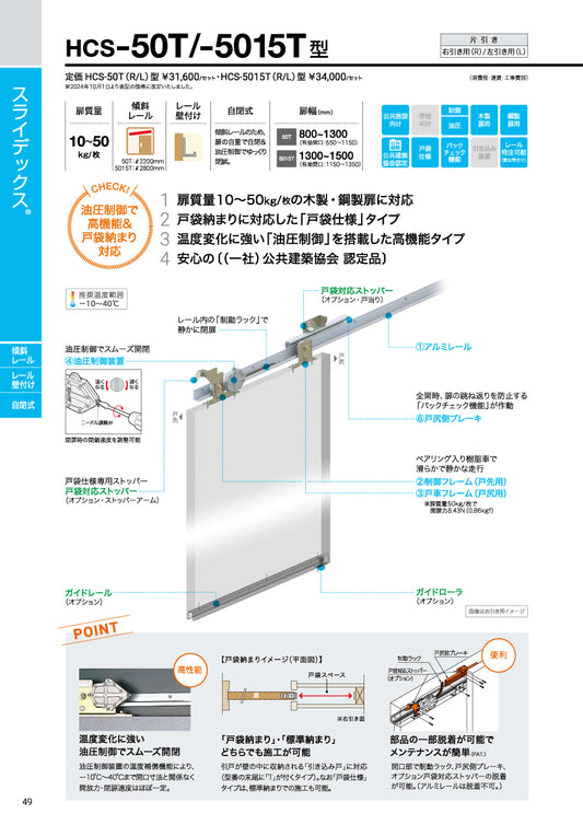 ダイケン スライデックス HCS-50T(レール L=2200)【戸袋仕様, 傾斜式, 木製・鋼製扉用, 引き戸クローザー製品一式, DAIKEN】