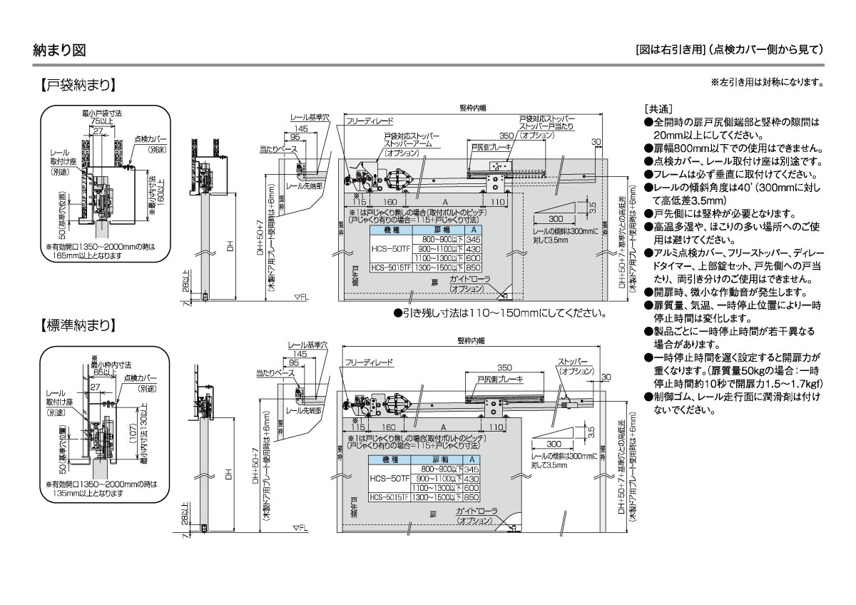 ダイケン スライデックス HCS-50TF(レール L=2200) 【戸袋仕様, フリーディレード付き, ストップ付き, 傾斜式, 木製・鋼製扉用, 引き戸クローザー製品一式, DAIKEN】