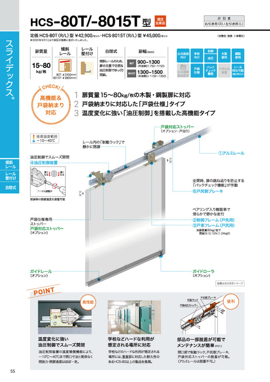 ダイケン スライデックス HCS-80T(製品一式) 【L=2200, ストップ付き, 傾斜式, 木製・鋼製扉用, 引き戸クローザー, DAIKEN】
