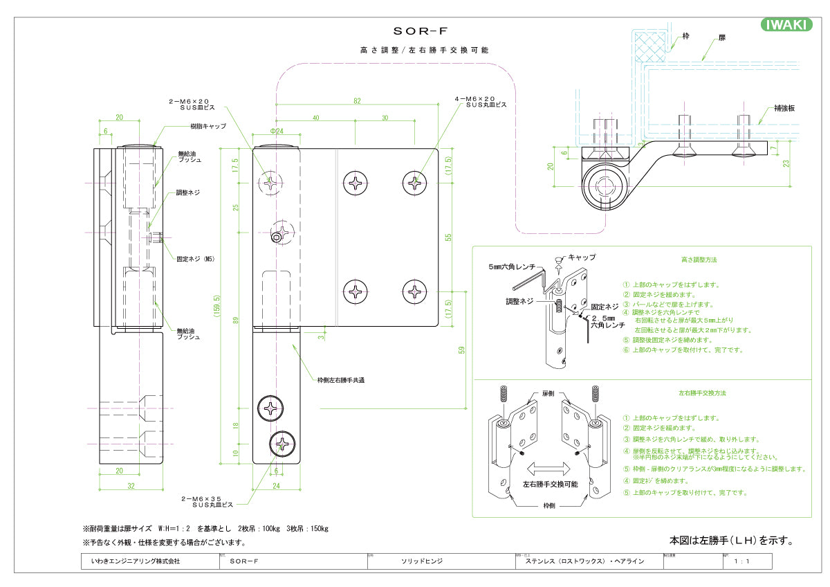 いわきエンジニアリング ソリッドヒンジ SOR-F 【重量用, 大型丁番, IWAKI】