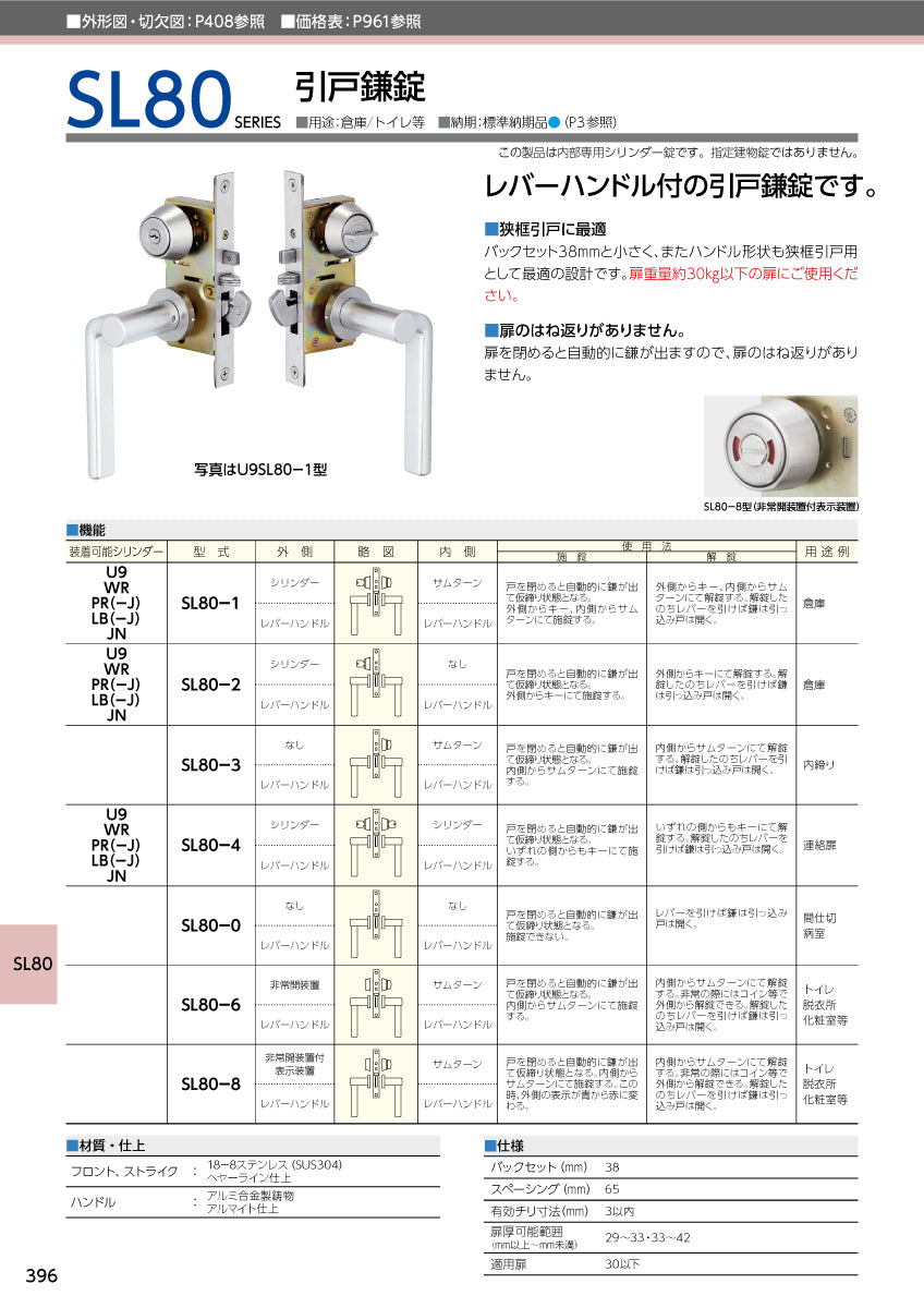 美和ロック 引戸錠 SL80-3 SV【外側 なし・内側 サムターン, SL80錠, 引戸錠, ミワ, MIWA】