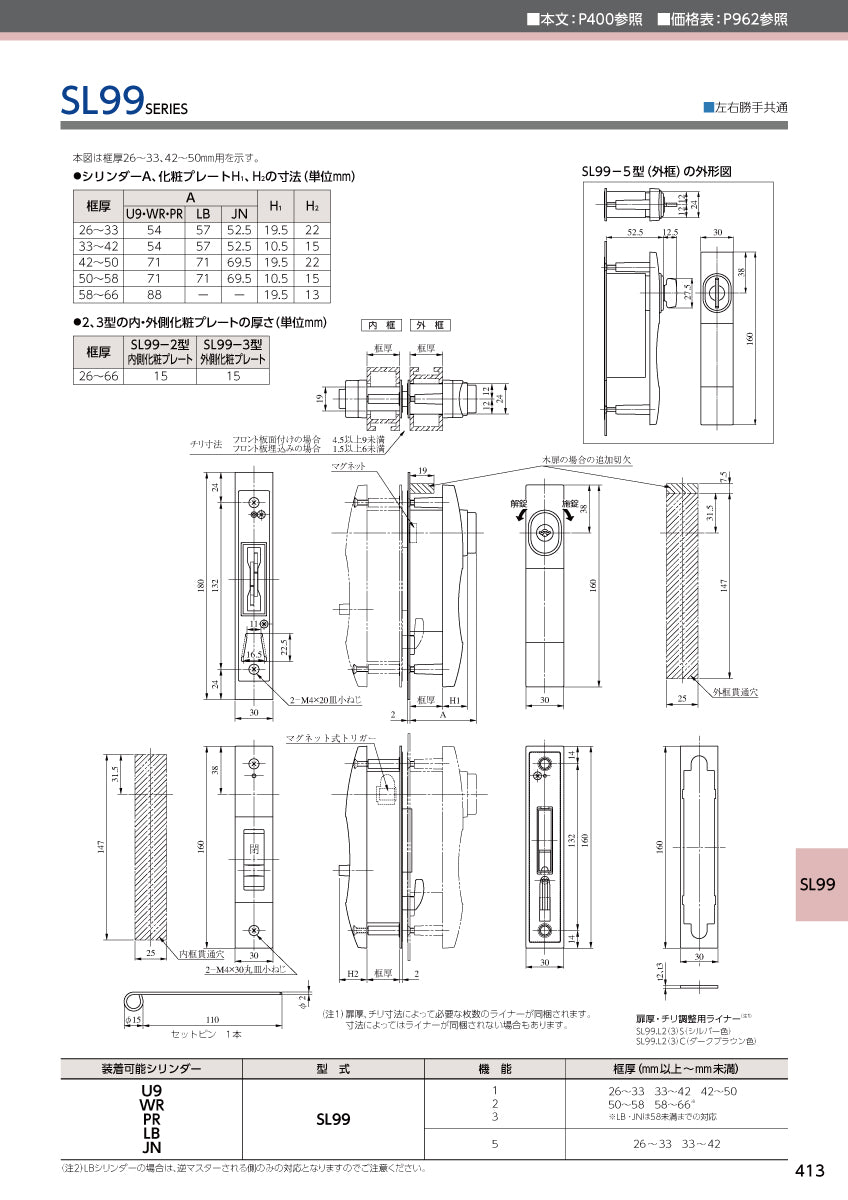 美和ロック 引違戸錠 U9 SL99-1 【外側 シリンダー・内側 サムターン, SL99シリーズ, 引戸錠, ミワ, MIWA】