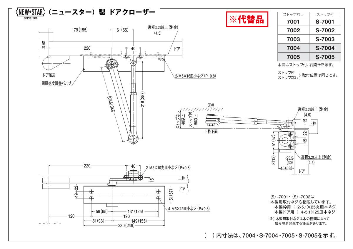 ニッカナ・ダイハツディーゼル 廃番ドアクローザー 132の代替品 → 「ニュースター S-7002」【ストップ付き, 標準取付型, 30シリーズ, NHN, DAIHATSU】