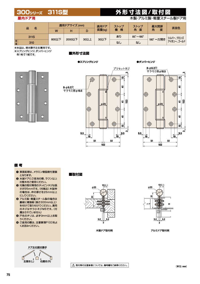 日東工器 オートヒンジ(丁番型) 311S 【左右兼用, ストップ付き, 311S型, 300シリーズ, オート丁番, NITTO KOHKI】