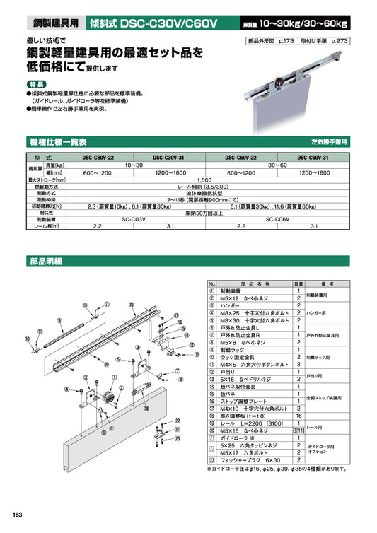 日東工器 スライディングクローザー DSC-C30V-22 / DSC-C30V-31(製品一式) 【扉重量:10~30kg用, 傾斜式, 鋼製軽量建具用, 引き戸クローザー, NITTO KOHKI】