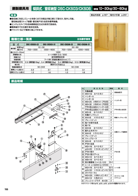 日東工器 スライディングクローザー DSC-CKS03(製品一式) 【扉重量:10~30kg用, 傾斜式, 鋼製建具用, 壁収納型, 引き戸クローザー, NITTO KOHKI】