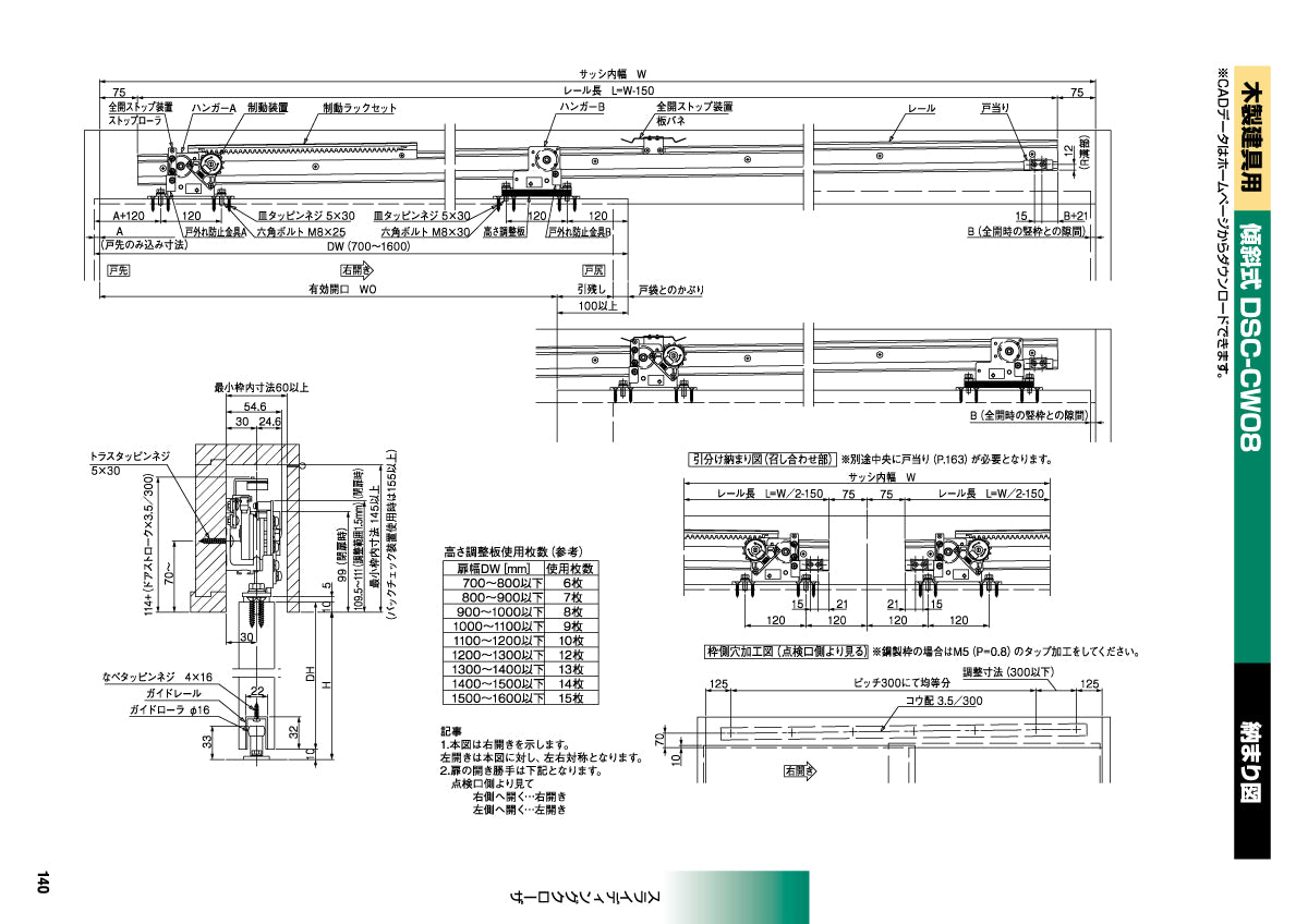 日東工器 スライディングクローザー DSC-CW08(製品一式) 【扉重量:30~80kg用, 傾斜式, 木製建具用, 引き戸クローザー, NITTO KOHKI】