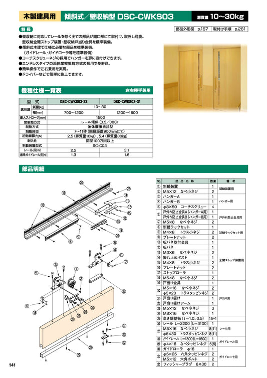 日東工器 スライディングクローザー DSC-CWKS03(製品一式) 【扉重量:10~30kg用, 傾斜式, 壁収納型, 引き戸クローザー, NITTO KOHKI】