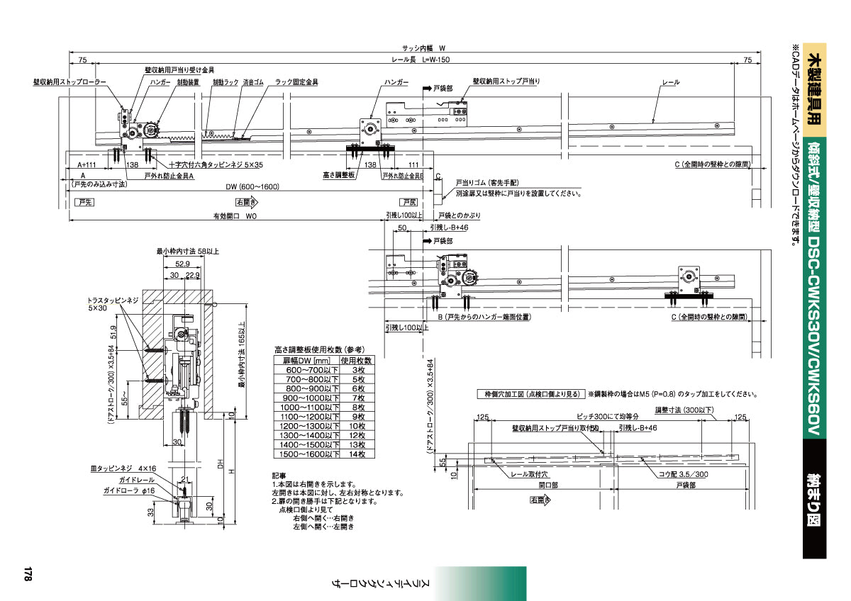 日東工器 スライディングクローザー DSC-CWKS60V-22 / DSC-CWKS60V-31(製品一式) 【扉重量:30~60kg用, 傾斜式, 壁収納型, 木製軽量建具用, 引き戸クローザー, NITTO KOHKI】