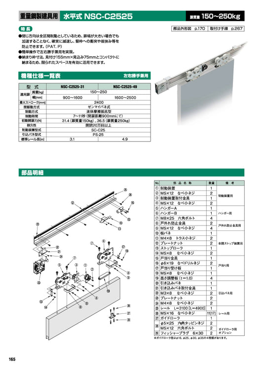日東工器 スライディングクローザー NSC-C2525-31 / NSC-C2525-49(製品一式) 【扉重量:150~250kg用, 水平式, 重量鋼製建具用, 引き戸クローザー, NITTO KOHKI】