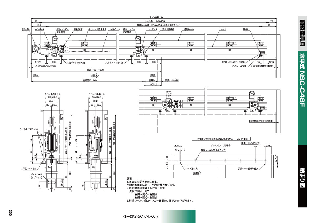 日東工器 スライディングクローザー NSC-C48F-22 / NSC-C48F-31(製品一式) 【扉重量:30~80kg用, ダブルレール仕様, 水平式, 鋼製建具用, 引き戸クローザー, NITTO KOHKI】