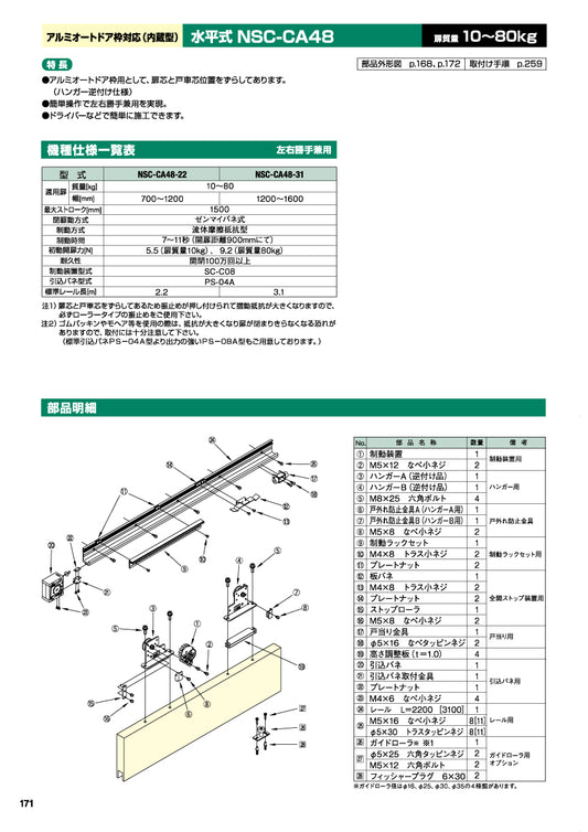 日東工器 スライディングクローザー NSC-CA48(製品一式) 【水平式, アルミオートドア枠対応(内蔵型), 引き戸クローザー, NITTO KOHKI】