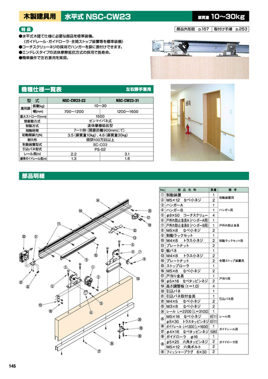 日東工器 スライディングクローザー NSC-CW23(製品一式) 【水平式, 木製建具用, 引き戸クローザー, NITTO KOHKI】