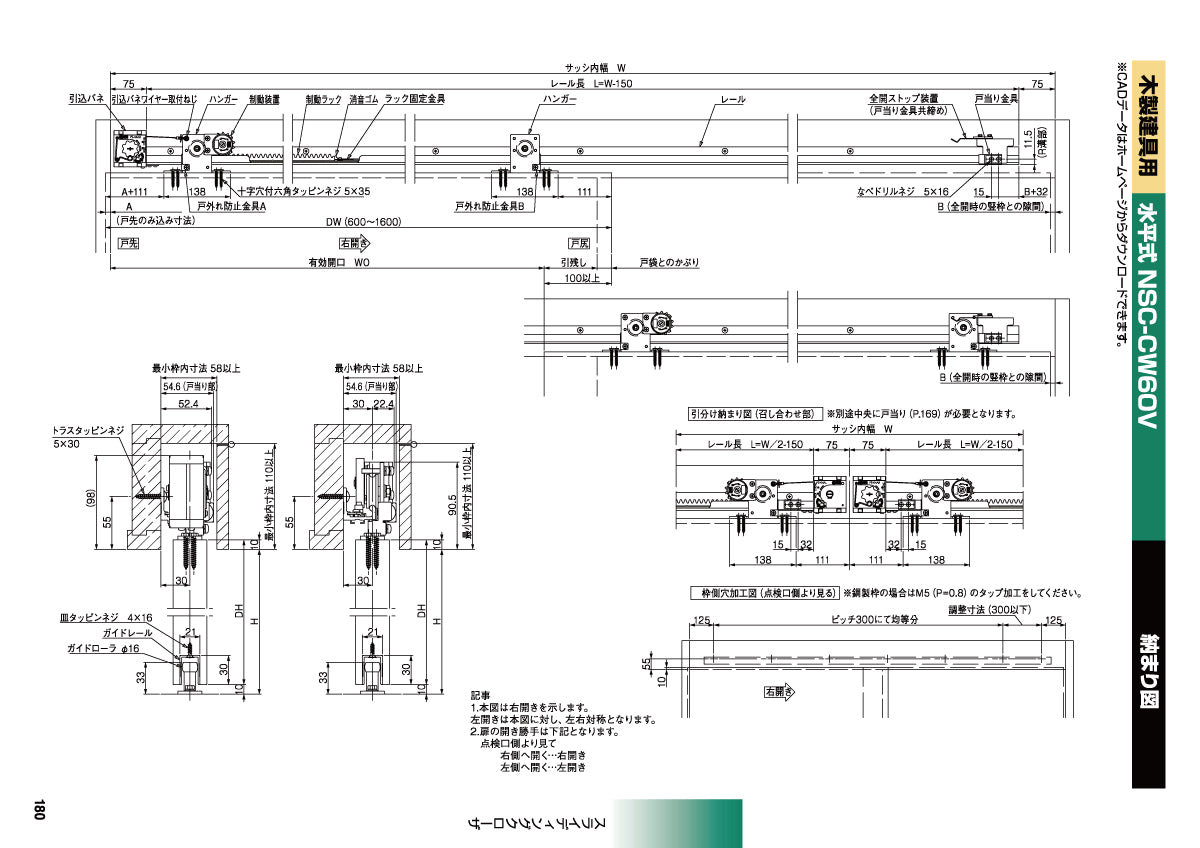 日東工器 スライディングクローザー NSC-CW60V-22 / NSC-CW60V-31(製品一式) 【扉重量:10~60kg用, 水平式, 木製軽量建具用, 引き戸クローザー, NITTO KOHKI】