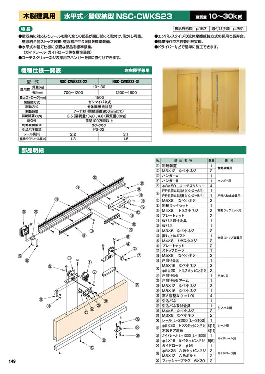 日東工器 スライディングクローザー NSC-CWKS23-22 / NSC-CWKS23-31(製品一式) 【水平式, 木製建具用, 壁収納型, 引き戸クローザー, NITTO KOHKI】