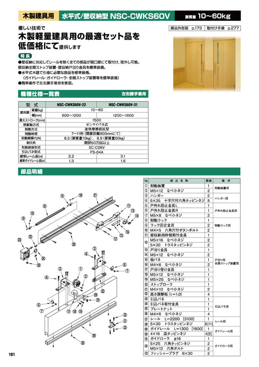 日東工器 スライディングクローザー NSC-CWKS60V-22 / NSC-CWKS60V-31(製品一式) 【扉重量:10~60kg用, 水平式, 壁収納型, 木製軽量建具用, 引き戸クローザー, NITTO KOHKI】