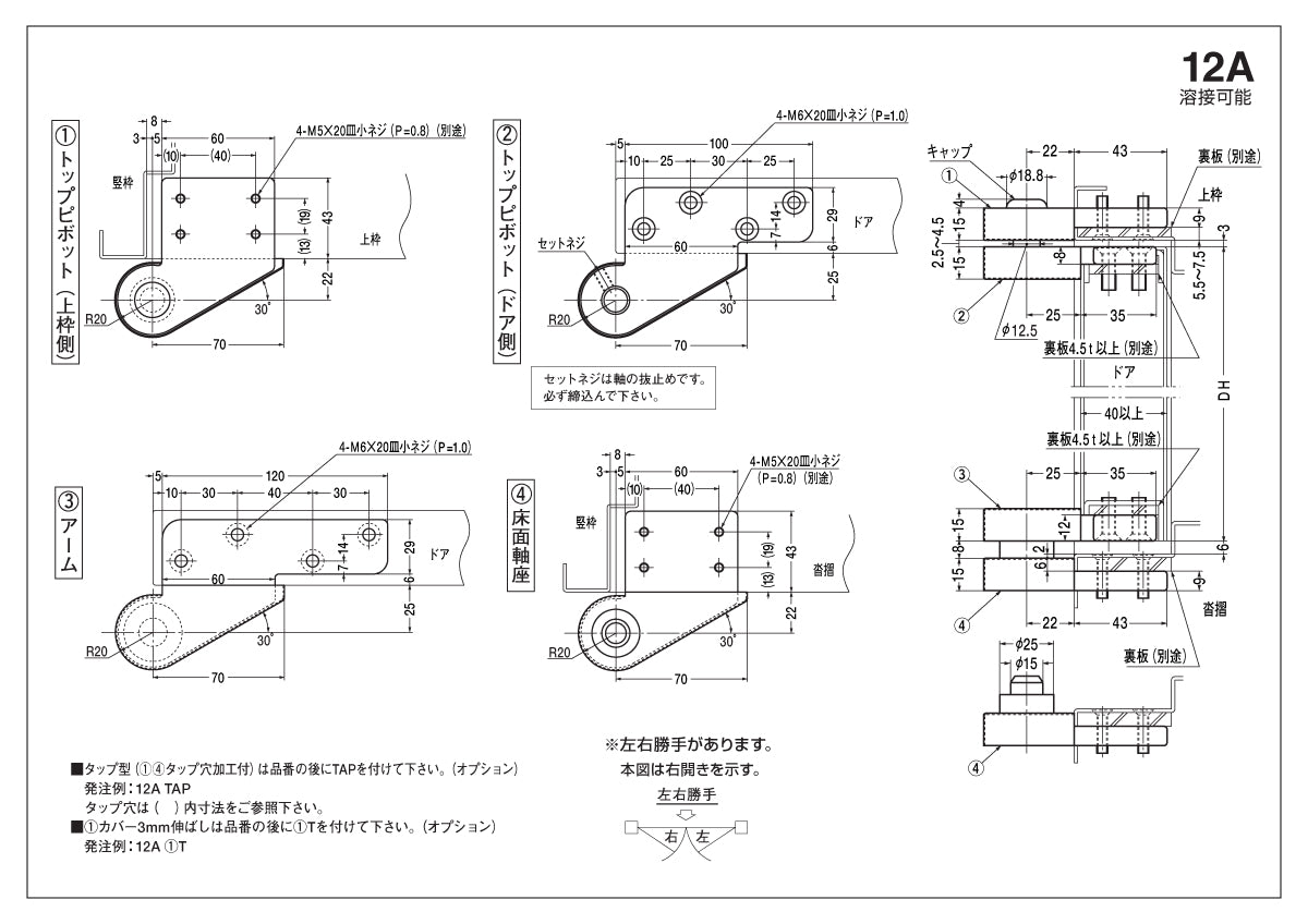 ニュースター ピボットヒンジ 12A / 12A TAP【沓摺挿入型, 持出吊り, 一方開き, スチールドア用, NEWSTAR, NS】
