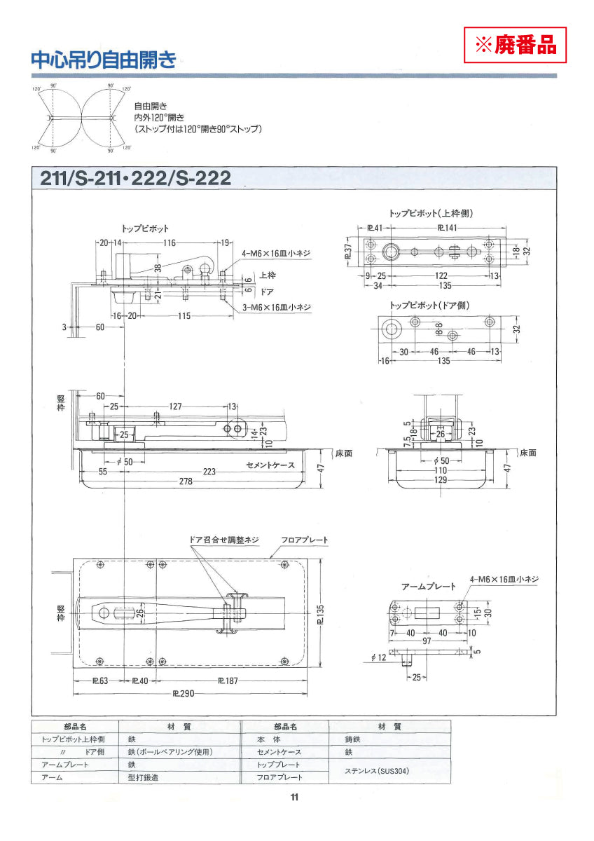 ニュースター 廃番フロアヒンジ 211用 取替本体 【ストップ無し, 中心吊り・自由開き(内外120°開き), 一般ドア用, NEWSTAR】