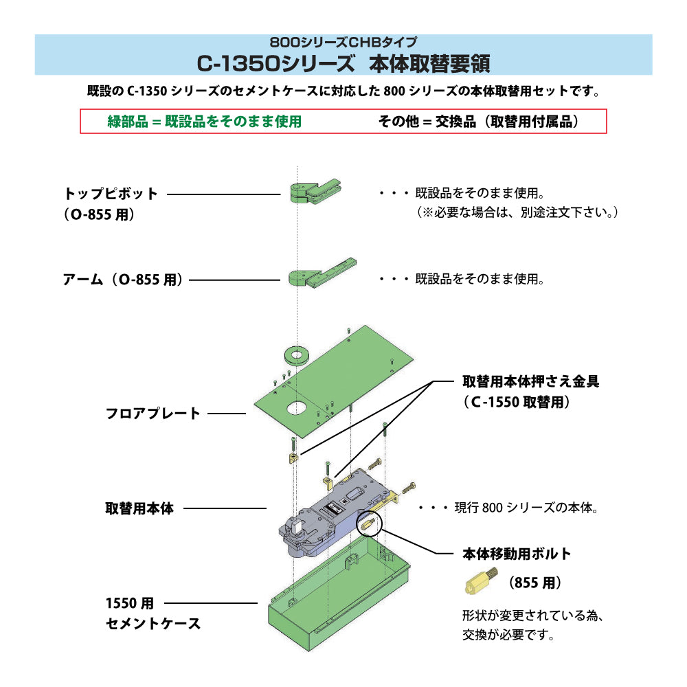 ニュースター 廃番フロアヒンジ O-1550用取替本体 855CHB 【ストップ無し, 一般ドア用・持出吊り, NEWSTAR】