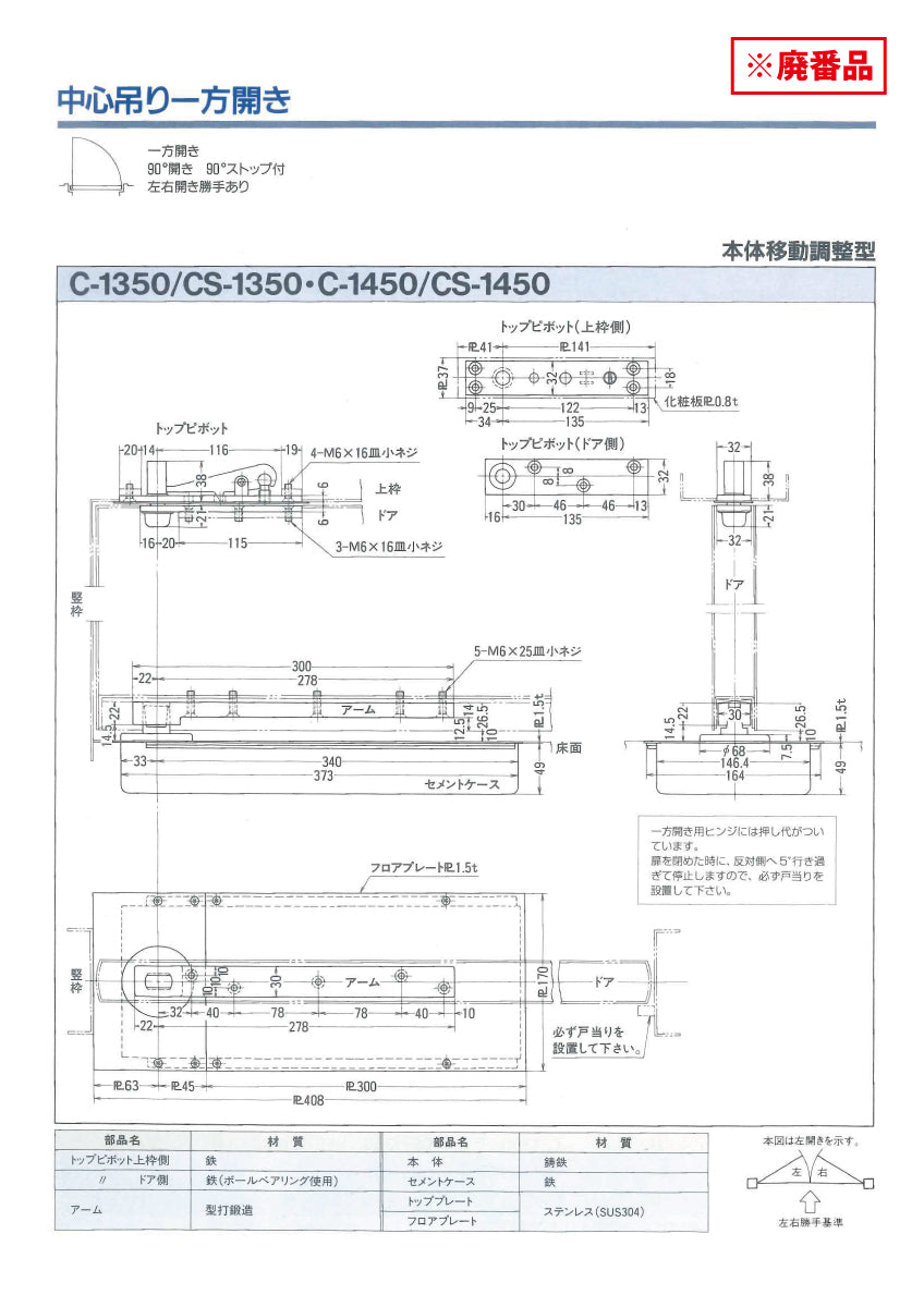 ニュースター 廃番フロアヒンジ CS-1350用 取替本体 S-835CHB【ストップ付き, 中心吊り, 一般ドア用, C-1350シリーズ , NEWSTAR】