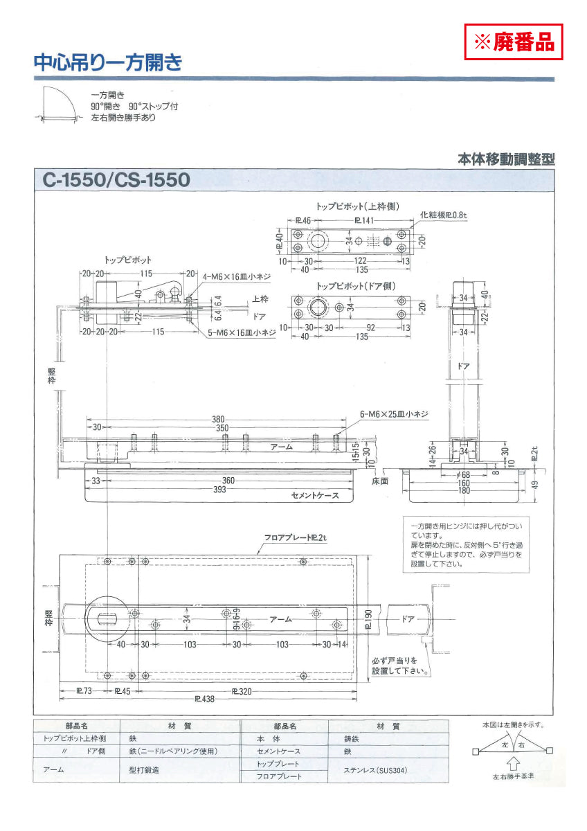 ニュースター 廃番フロアヒンジ CS-1550用取替本体 S-855CHB 【ストップ付き, 一般ドア用・中心吊り, NEWSTAR】