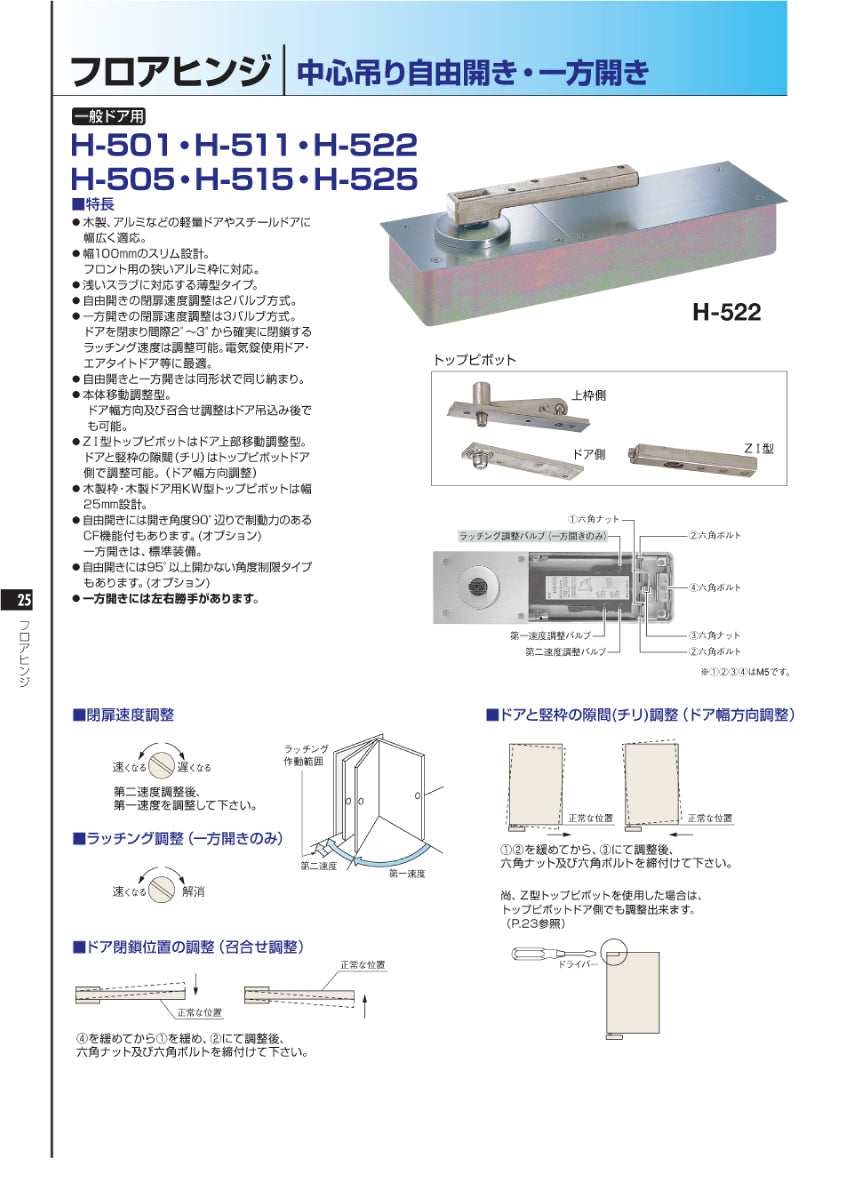 ニュースター フロアヒンジ H-501 KW 【ストップ無し, 中心吊り・自由開き（内外120°開き）, 木製ドア用, NEWSTAR】