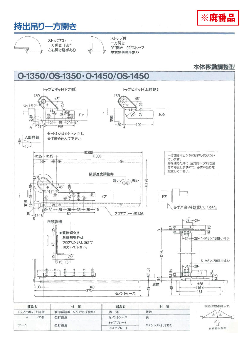 ニュースター 廃番フロアヒンジ OS-1350用 取替本体 S-835CHB【ストップ付き, 持出吊り, 一般ドア用, C-1350シリーズ, NEWSTAR】