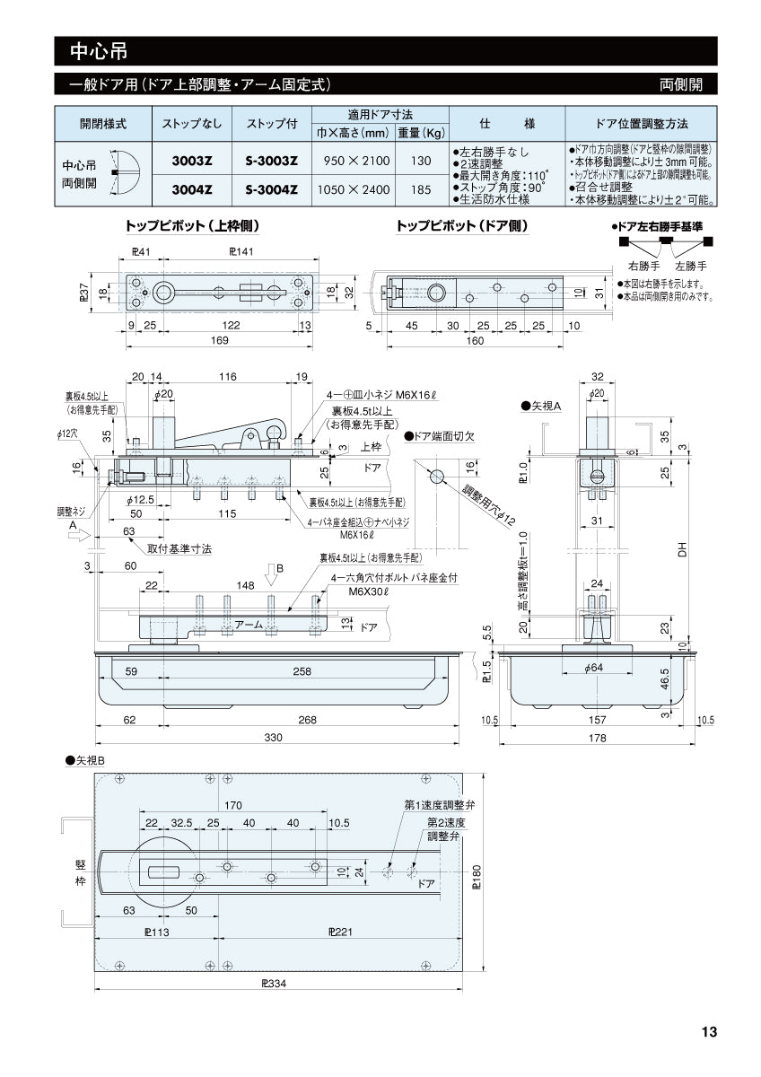 リョービ フロアヒンジ 3003Z 【ストップ無し, 中心吊り, 両側開き, 一般ドア用, RYOBI】