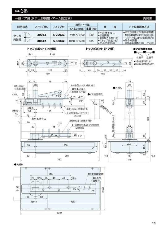 リョービ フロアヒンジ S-3004Z 【ストップ付き, 中心吊り, 両側開き, 一般ドア用, RYOBI】