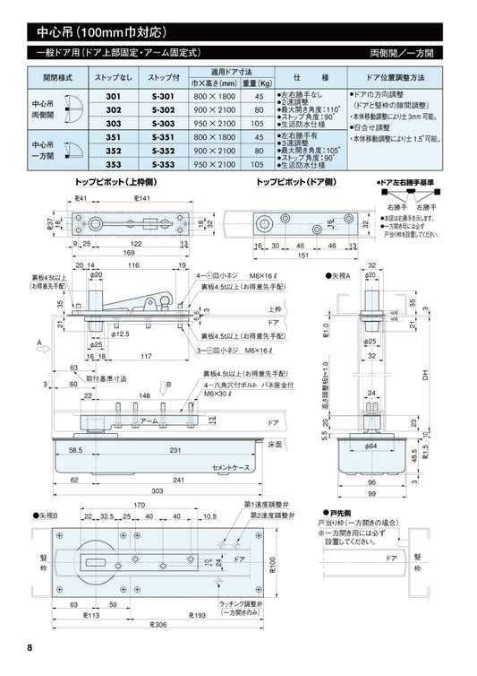 リョービ フロアヒンジ S-351 【ストップ付き, 中心吊り, 一方開き, 一般ドア用, RYOBI】