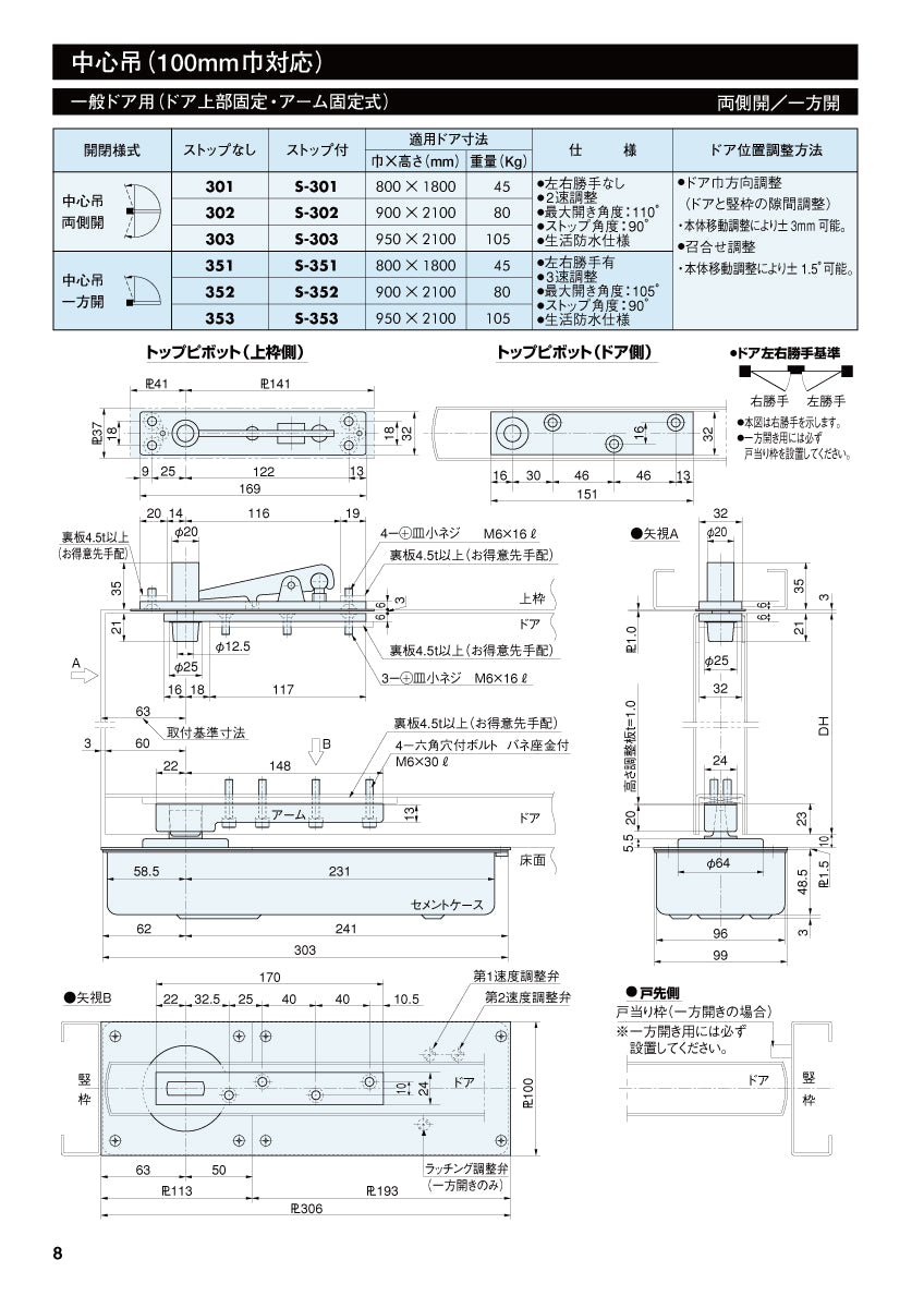 リョービ フロアヒンジ S-353 【ストップ付き, 中心吊り, 一方開き, 一般ドア用, RYOBI】