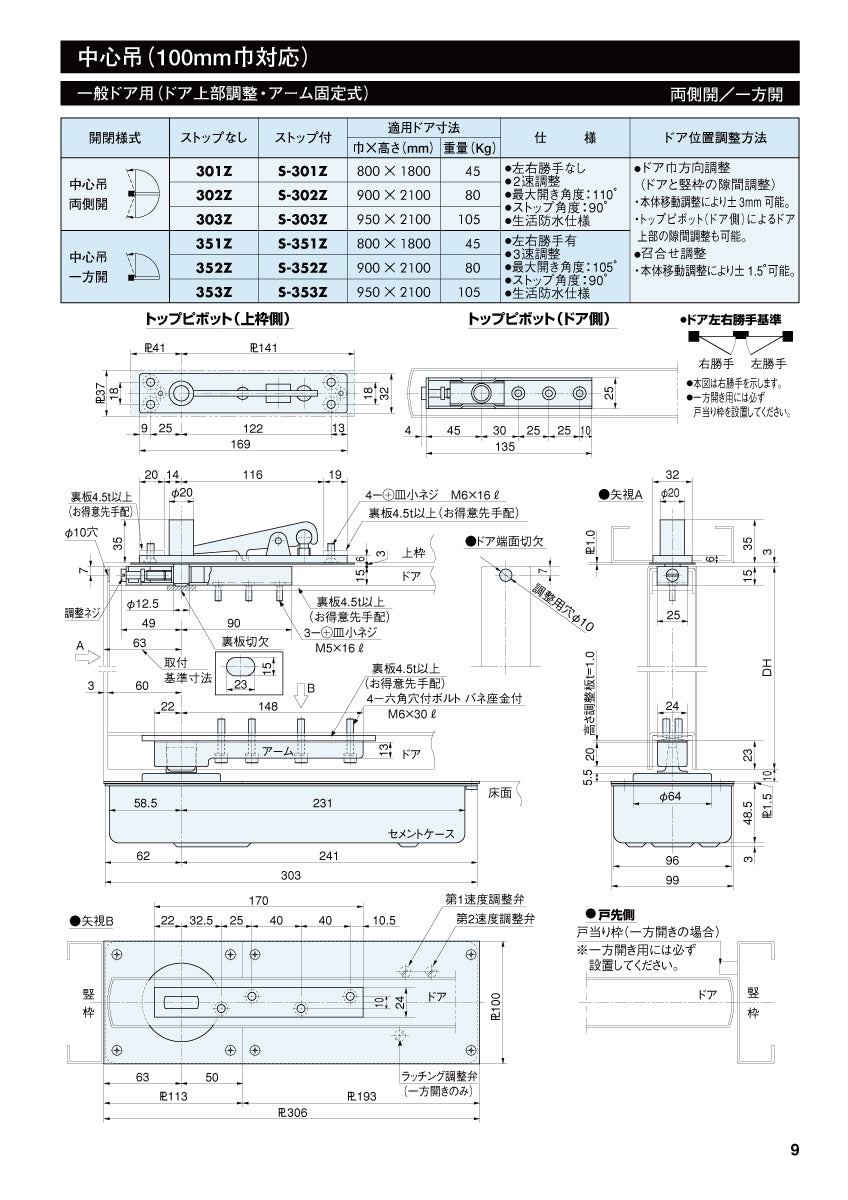 リョービ フロアヒンジ 303Z 【ストップ無し, 中心吊り, 両側開き, 一般ドア用, RYOBI】