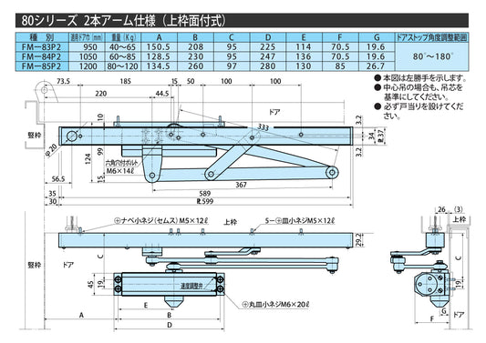 リョービ ファイアマンドアクローザー FM-85P2【2本アーム仕様, 上枠面付式, 80シリーズ, 防火戸用自動閉鎖装置, 防災機器, RYOBI】