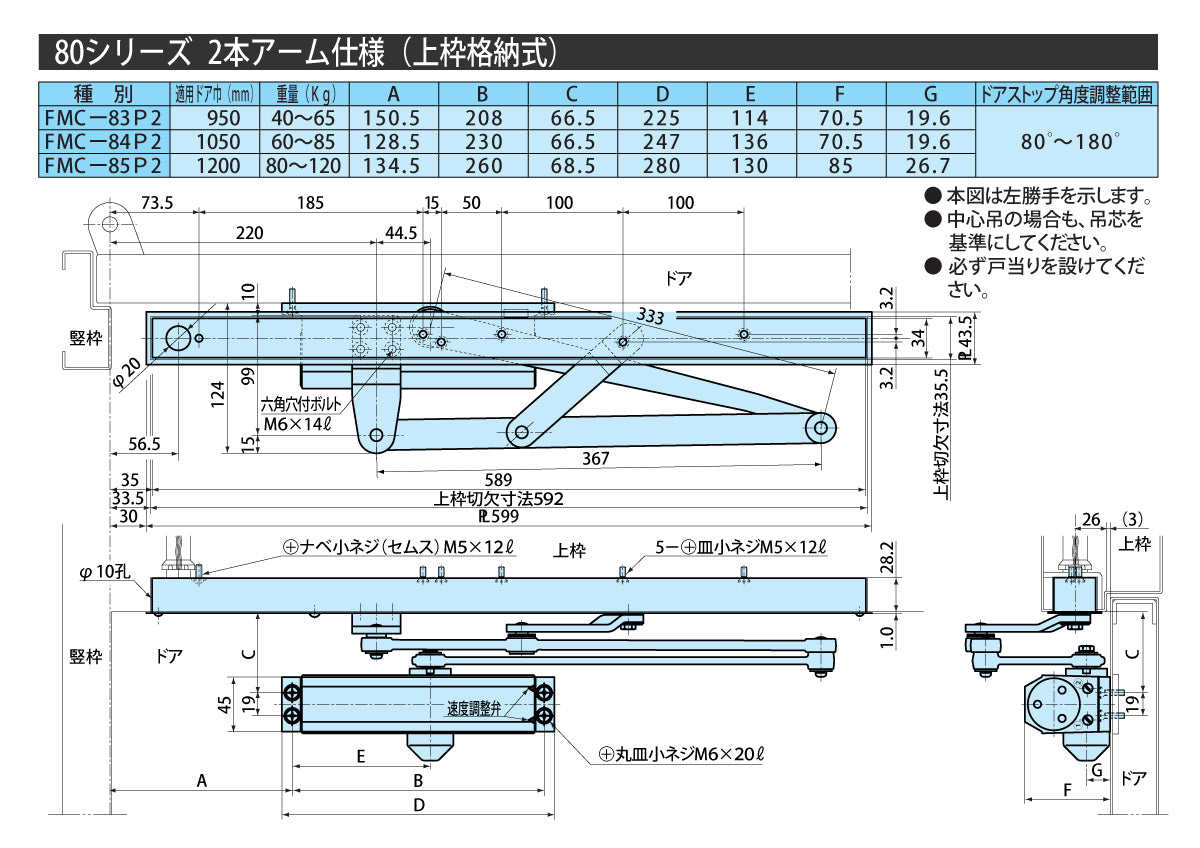 リョービ ファイアマンドアクローザー FMC-85P2【2本アーム仕様, 上枠格納式, 80シリーズ, 防火戸用自動閉鎖装置, 防災機器, RYOBI】