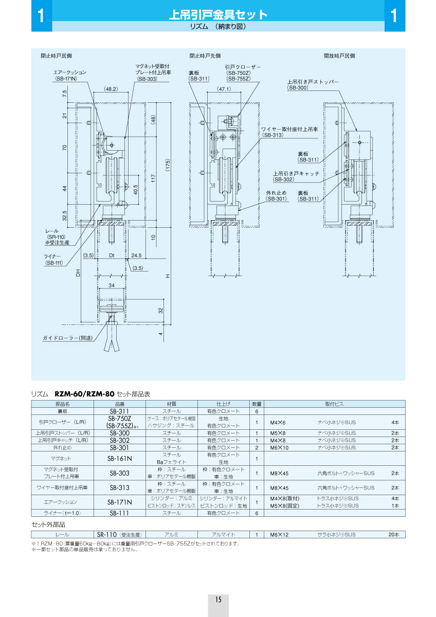 シブタニ 上吊引戸金具セット RZM-80【扉重量:80kg以下用, リズム, 引戸クローザー, ハードウェア金物, SYS, Shibutani】