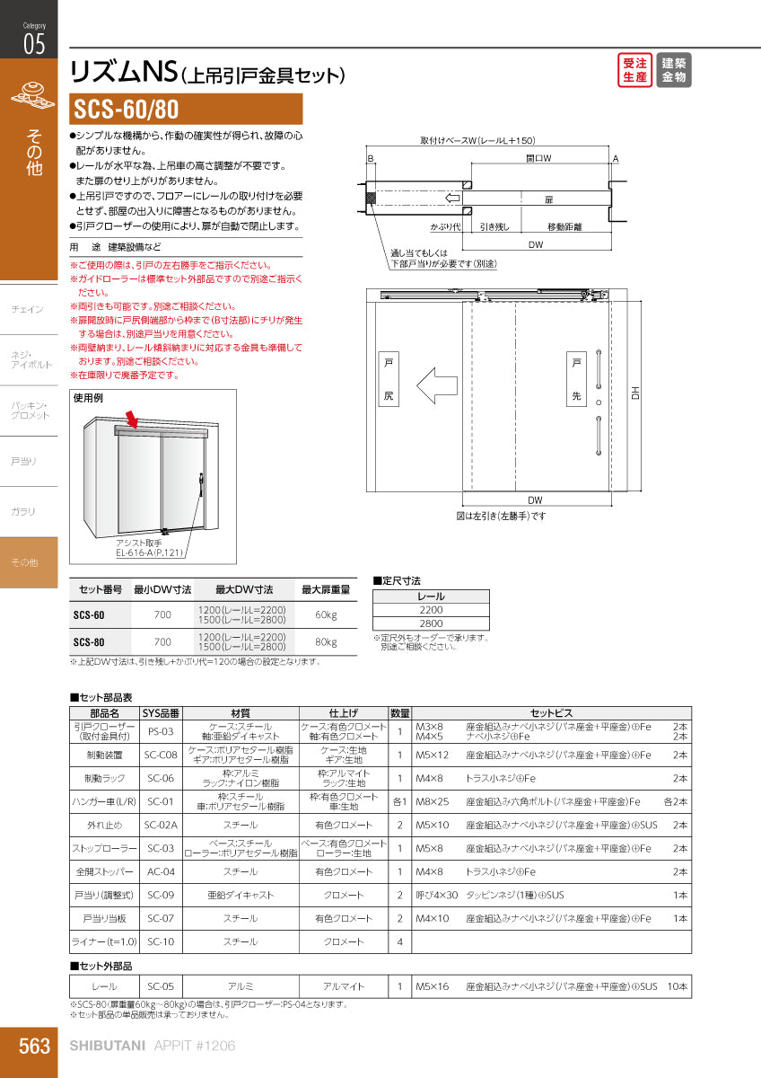 シブタニ 引き戸クローザー リズムNS SCS-60 【60kg用, 上吊引戸金具セット, スライディングクローザー, SYS, Shibutani】