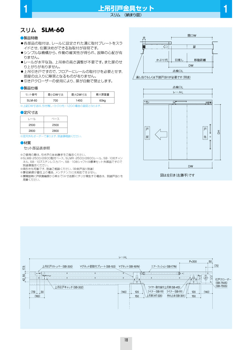 シブタニ 上吊引戸金具セット SLM-60【スリム, 引戸クローザー, ハードウェア金物, SYS, Shibutani】
