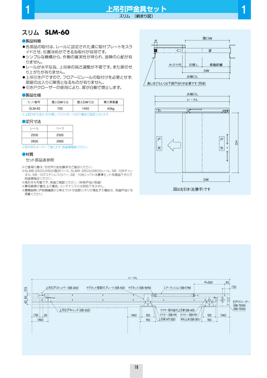 シブタニ 上吊引戸金具セット SLM-60【スリム, 引戸クローザー, ハードウェア金物, SYS, Shibutani】