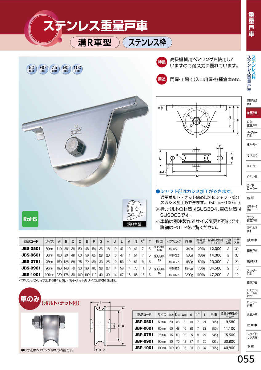 ヨコヅナ ステンレス重量戸車 JBS-0601 【60mm, 溝R車型, ステンレス枠】