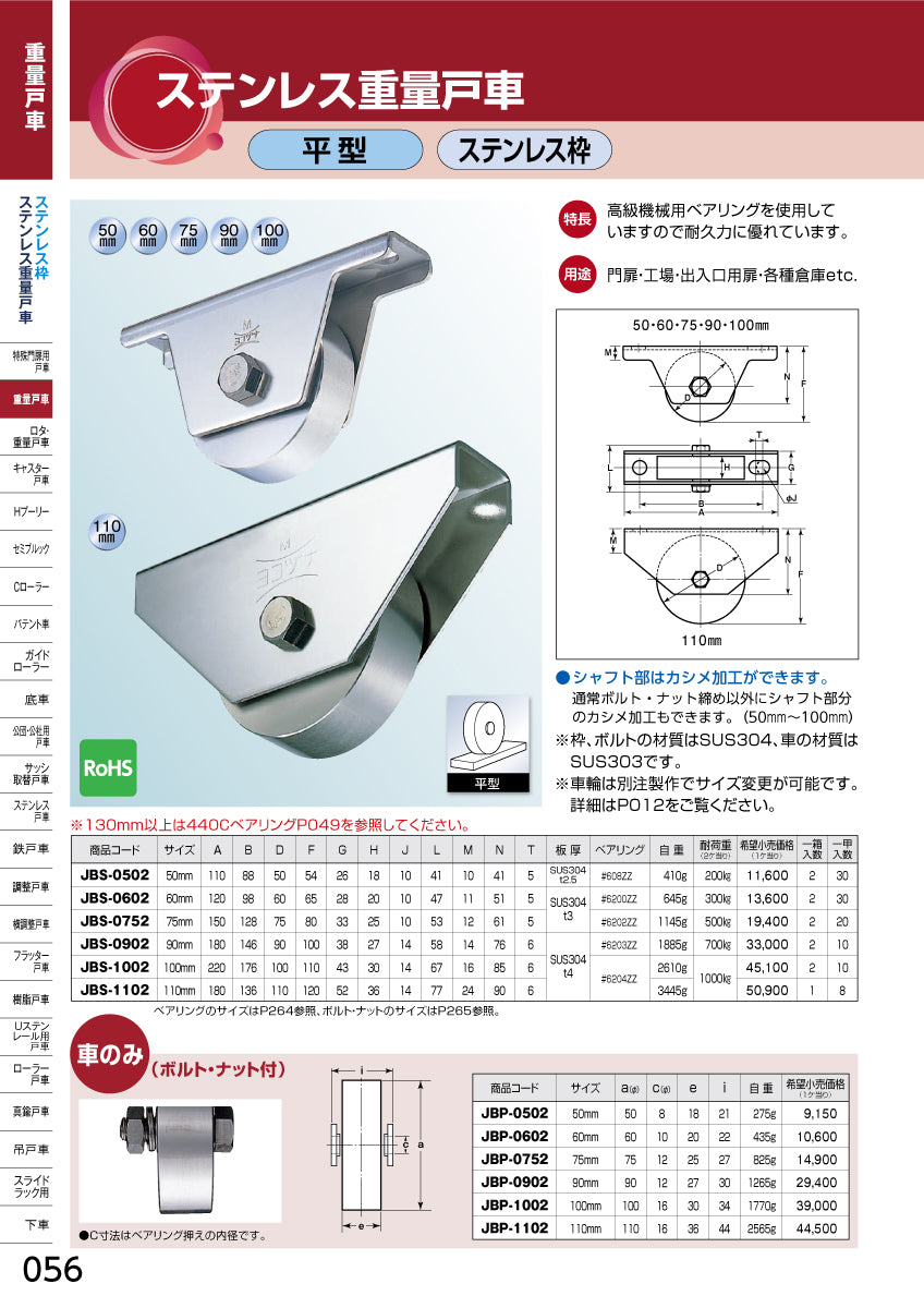 ヨコヅナ ステンレス重量戸車 JBS-0502 【50mm, 平型, ステンレス枠】