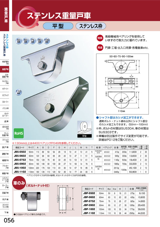 ヨコヅナ ステンレス重量戸車 JBS-0902 【90mm, 平型, ステンレス枠】
