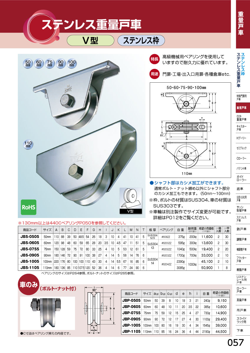 ヨコヅナ ステンレス重量戸車 JBS-0505 【50mm, V型, ステンレス枠】