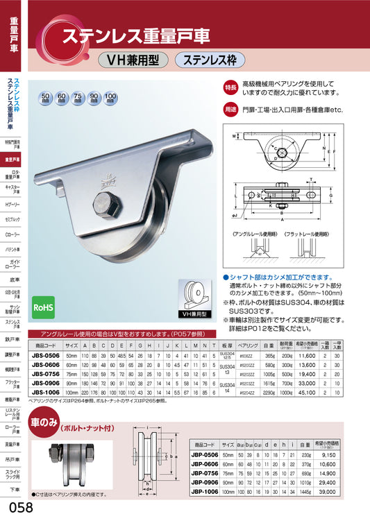 ヨコヅナ ステンレス重量戸車 JBS-0756 【75mm, VH兼用型, ステンレス枠】