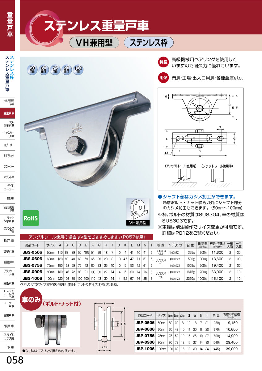ヨコヅナ ステンレス重量戸車 JBS-1006 【100mm, VH兼用型, ステンレス枠】