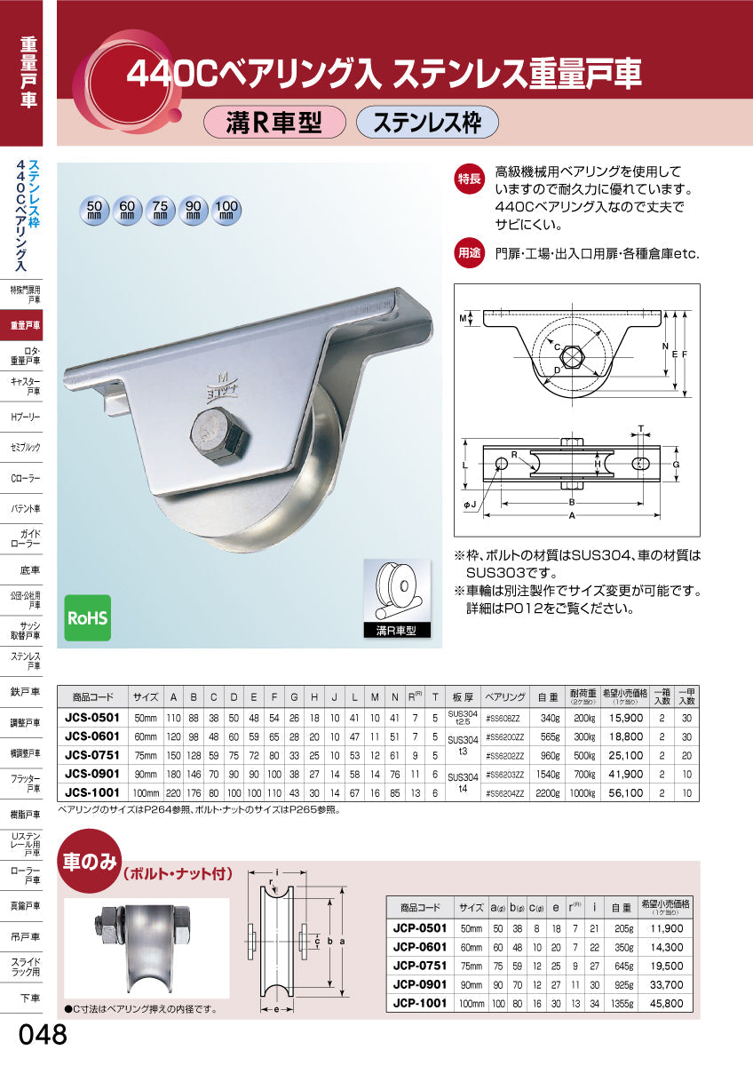 ヨコヅナ 440Cベアリング入 ステンレス重量戸車 JCS-1001 【100mm, 溝R車型, ステンレス枠】